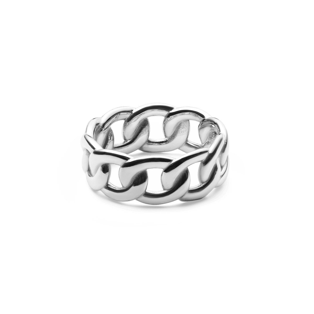 Chunky Chain Ring Silver featuring bold, rounded interlocking links and a polished stainless steel finish, designed for a striking and contemporary style.