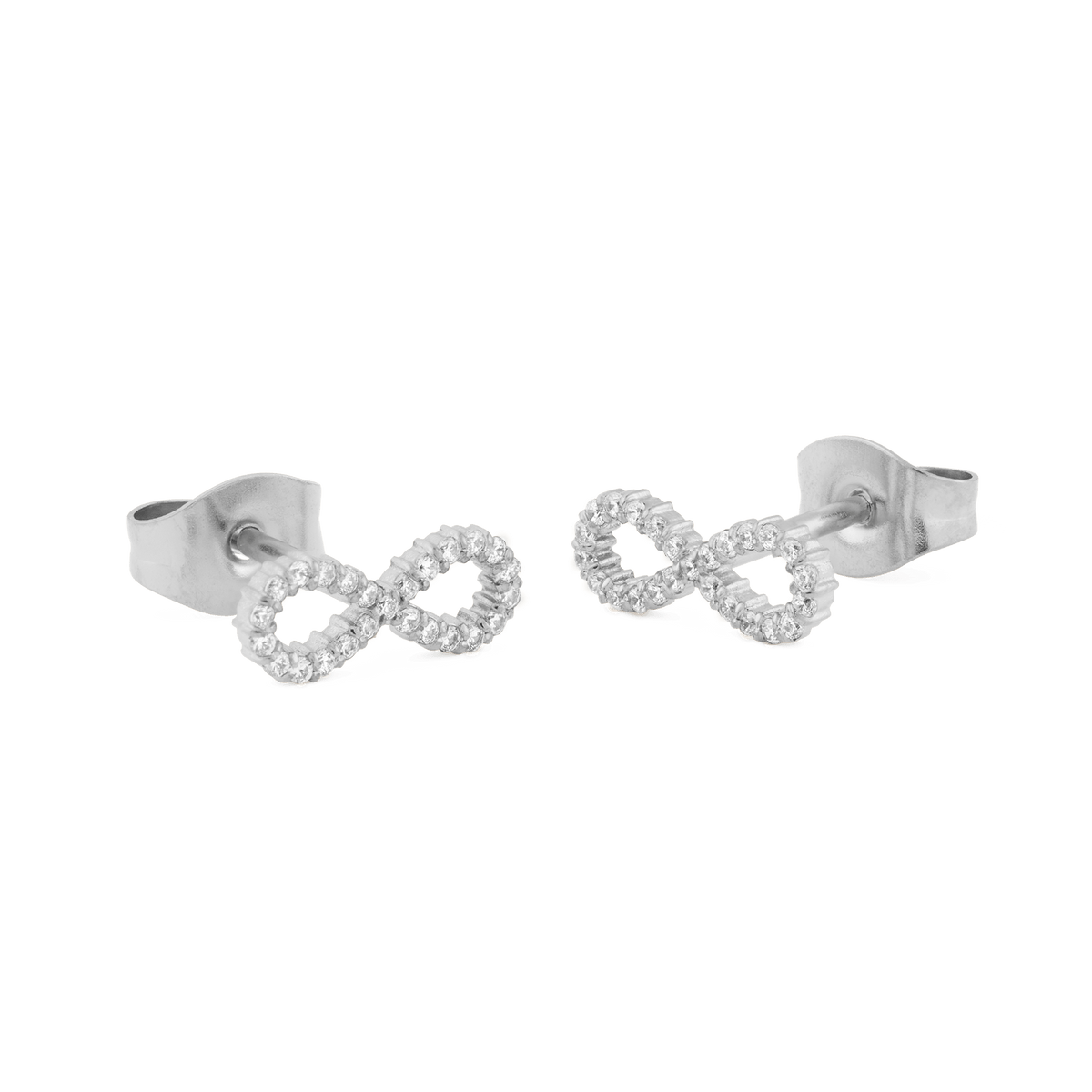 Pair of Mirelle Infinity Earring Silver studs featuring polished stainless steel and sparkling white cubic zirconia crystals in a delicate infinity symbol design.