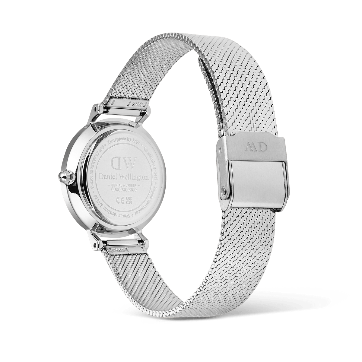 Back view of Petite Reflection Silver women’s watch with engraved case, polished mesh strap, and secure clasp buckle.
