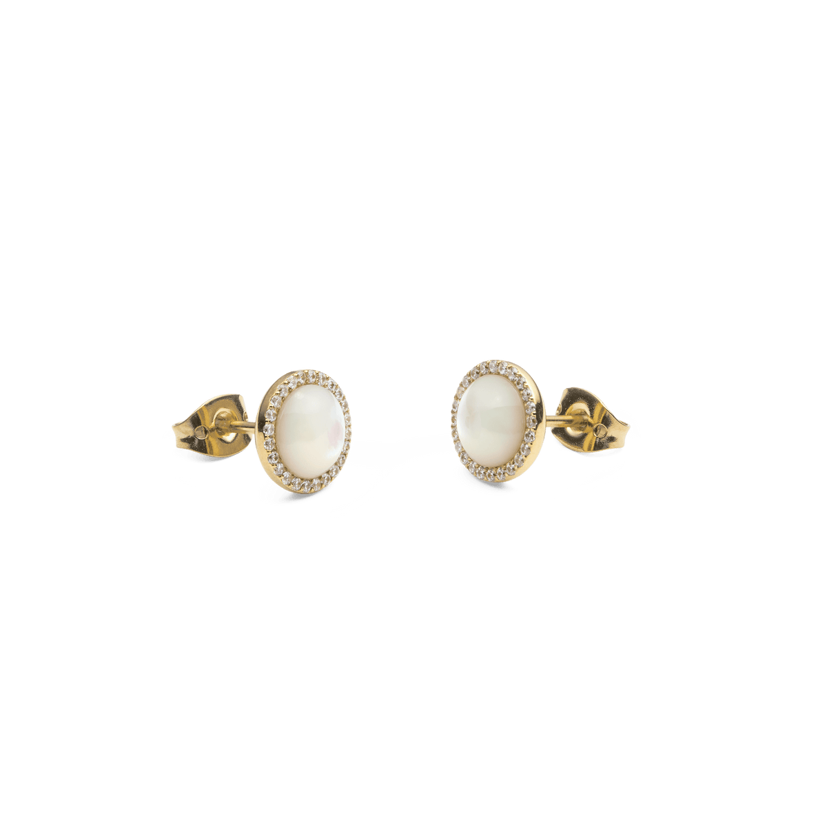Audrey Earrings Mother of Pearl Gold shown from a side angle, highlighting the domed mother of pearl centre, gold PVD finish, and the surrounding row of sparkling cubic zirconia crystals on each stud.