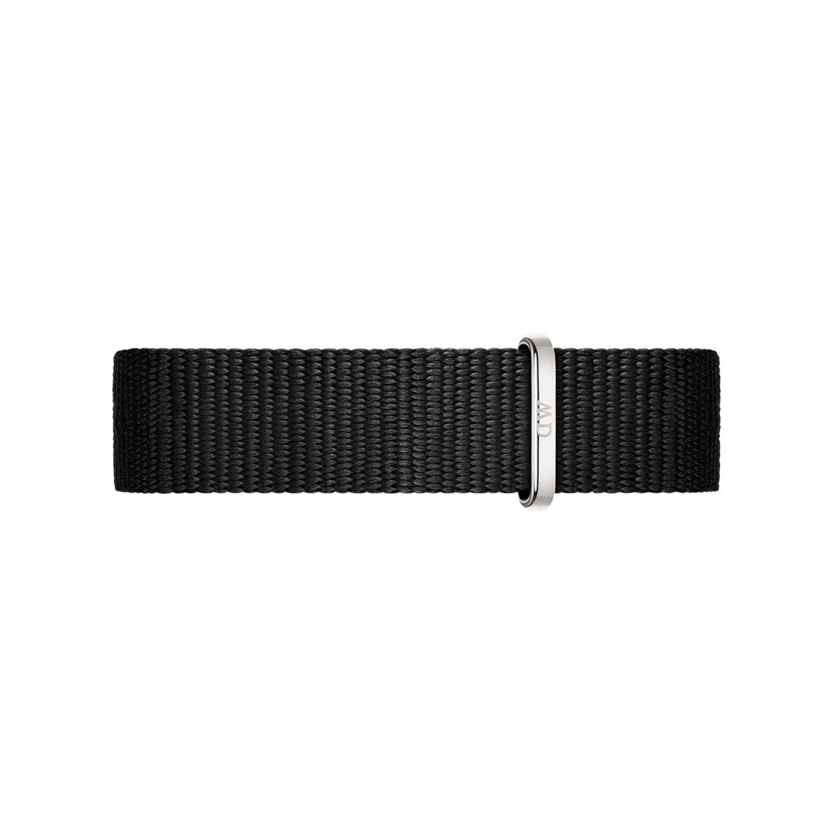 Cornwall Strap Silver features a black woven polyester NATO watch strap with a polished silver buckle engraved with DW, offering a minimalist and versatile look for Daniel Wellington timepieces.