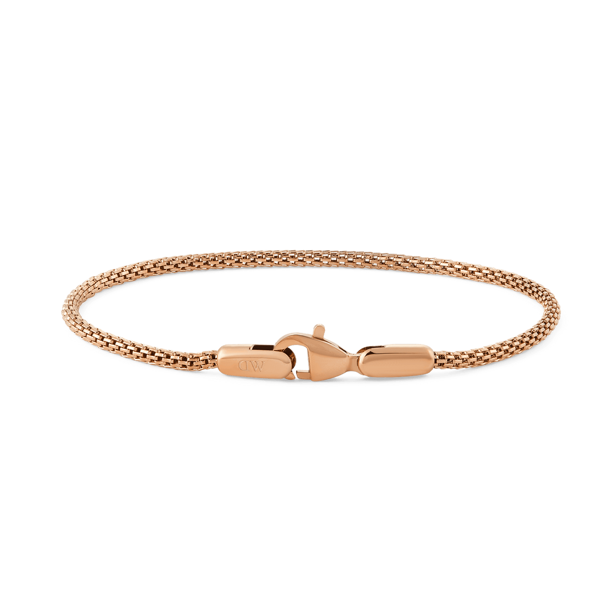 Slim rose gold mesh bracelet with a polished lobster clasp, crafted from 316L stainless steel and featuring a delicate, modern design.