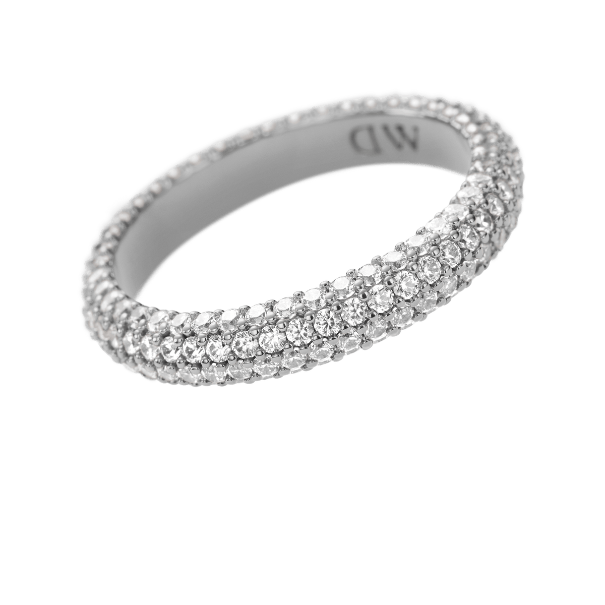Pavé Crystal Ring Silver featuring three rows of closely set cubic zirconia crystals in a polished rhodium plated band with a subtle “DW” engraving inside.