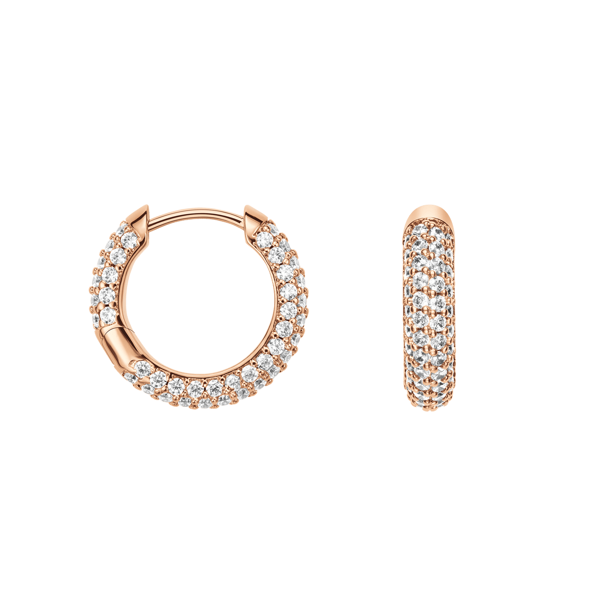 Pair of rose gold pavé crystal hoop earrings with a continuous surface of closely set cubic zirconia stones and a secure hinge lock.