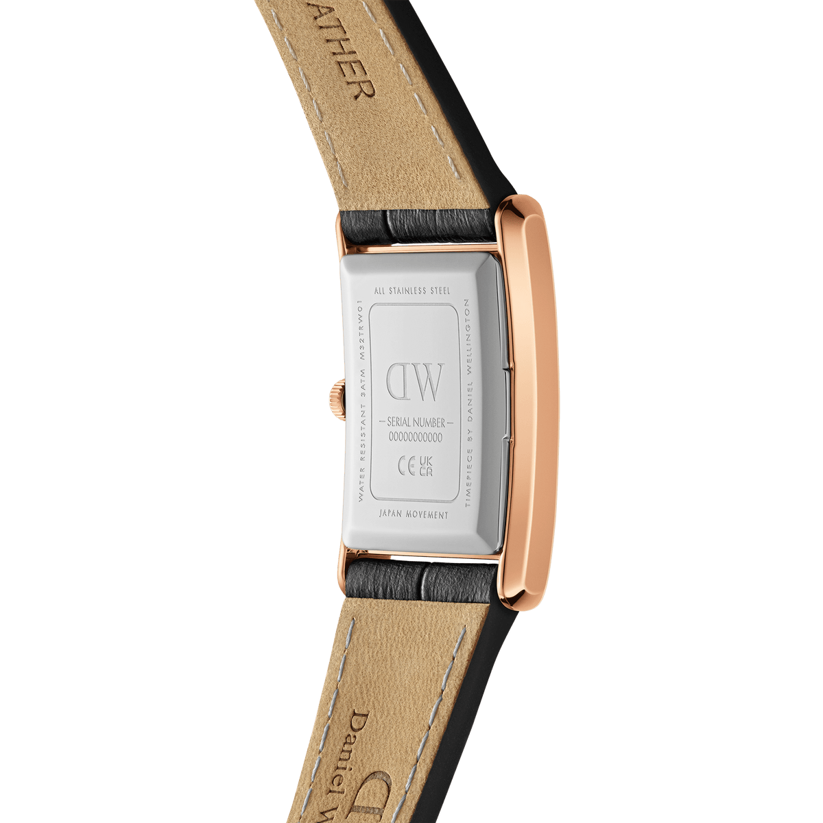 Close-up of the Bound Black Crocodile Rose Gold watch showing the engraved stainless steel case back and genuine leather strap.