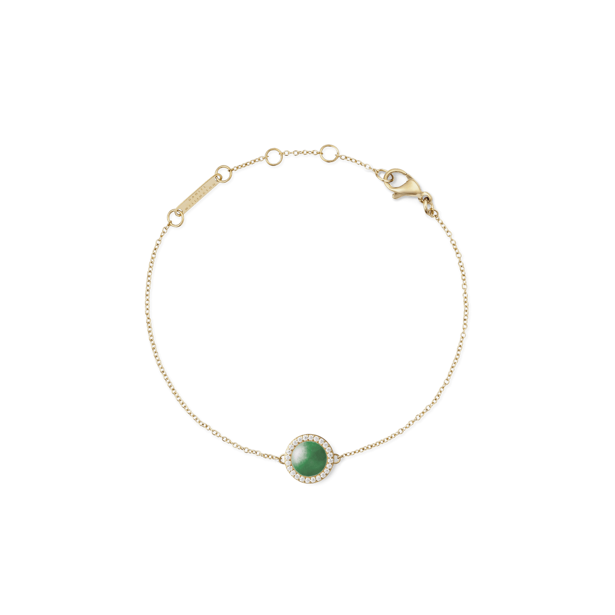 Gold bracelet with central green jade stone, surrounded by white crystals and adjustable chain, elegant and dainty design.