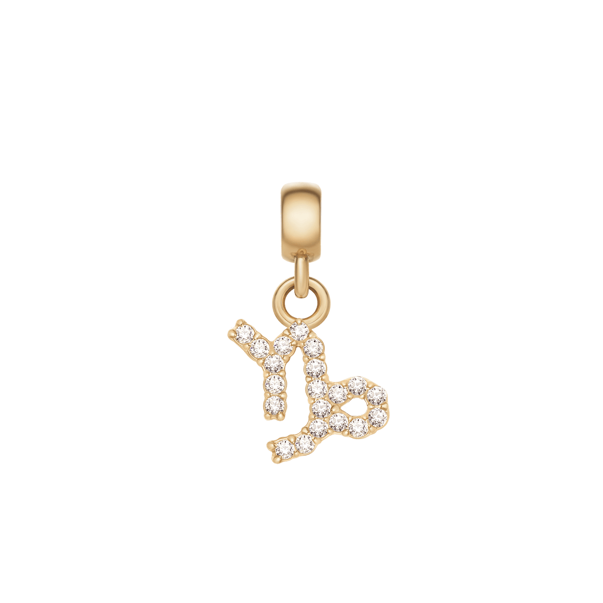 Capricorn zodiac charm in gold, embellished with sparkling cubic zirconia crystals and a secure gold clasp, perfect for personalising jewellery.