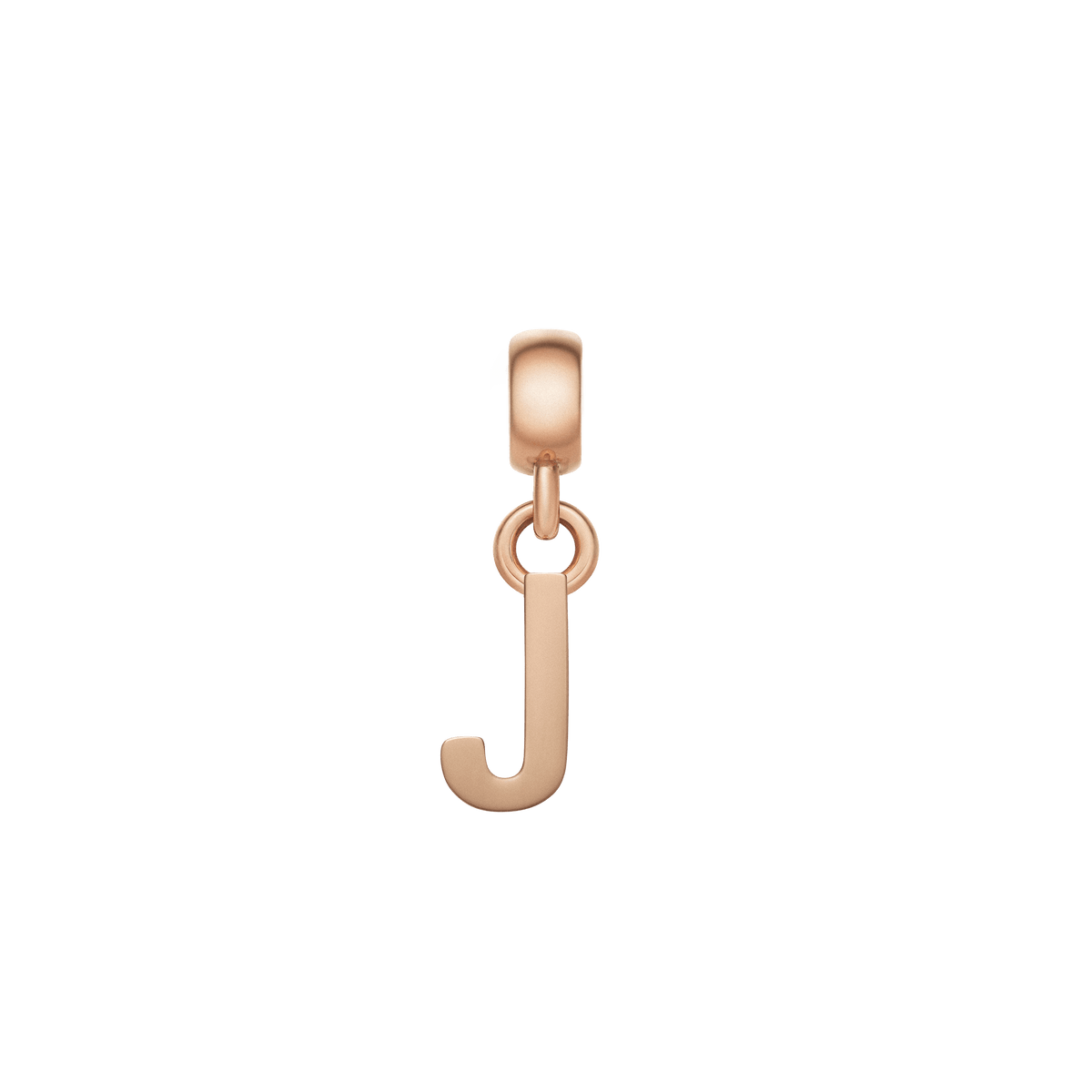 Rose gold letter J charm with a polished, minimalist design, crafted from stainless steel and featuring an anti-slip silicone lining for secure attachment to bracelets or necklaces.