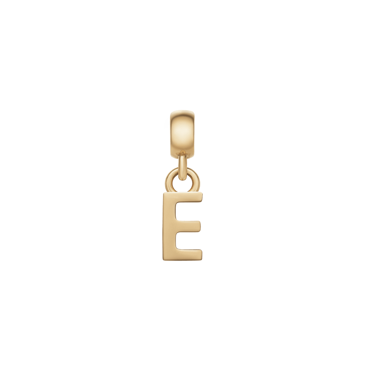 Gold letter E charm with a petite, polished finish and minimalist style, featuring an adjustable clasp for easy attachment to your favourite bracelet or necklace.