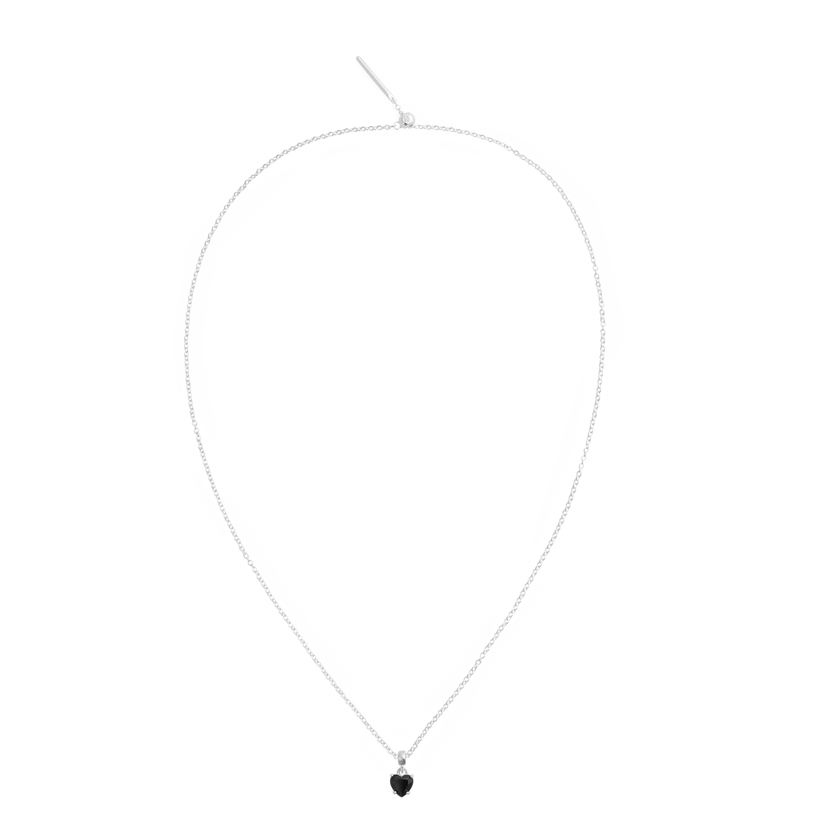 Delicate sterling silver necklace featuring a heart-shaped black crystal charm, designed for an elegant and timeless finish.