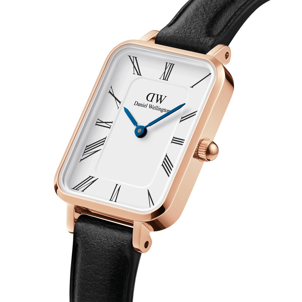 Close-up of the Quadro Roman Numerals Sheffield Rose Gold watch featuring a rectangular rose gold case, white dial with black Roman numerals, blue steel hands, and a black leather strap.