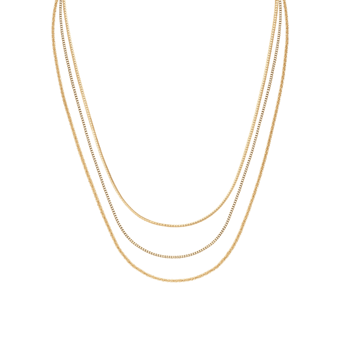Trio of rose gold box chain necklaces designed for elegant layering, featuring a polished, minimalist style.