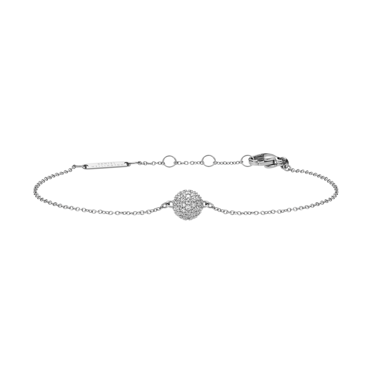 Delicate silver chain bracelet featuring a round pavé pendant set with sparkling cubic zirconia crystals and an adjustable clasp.