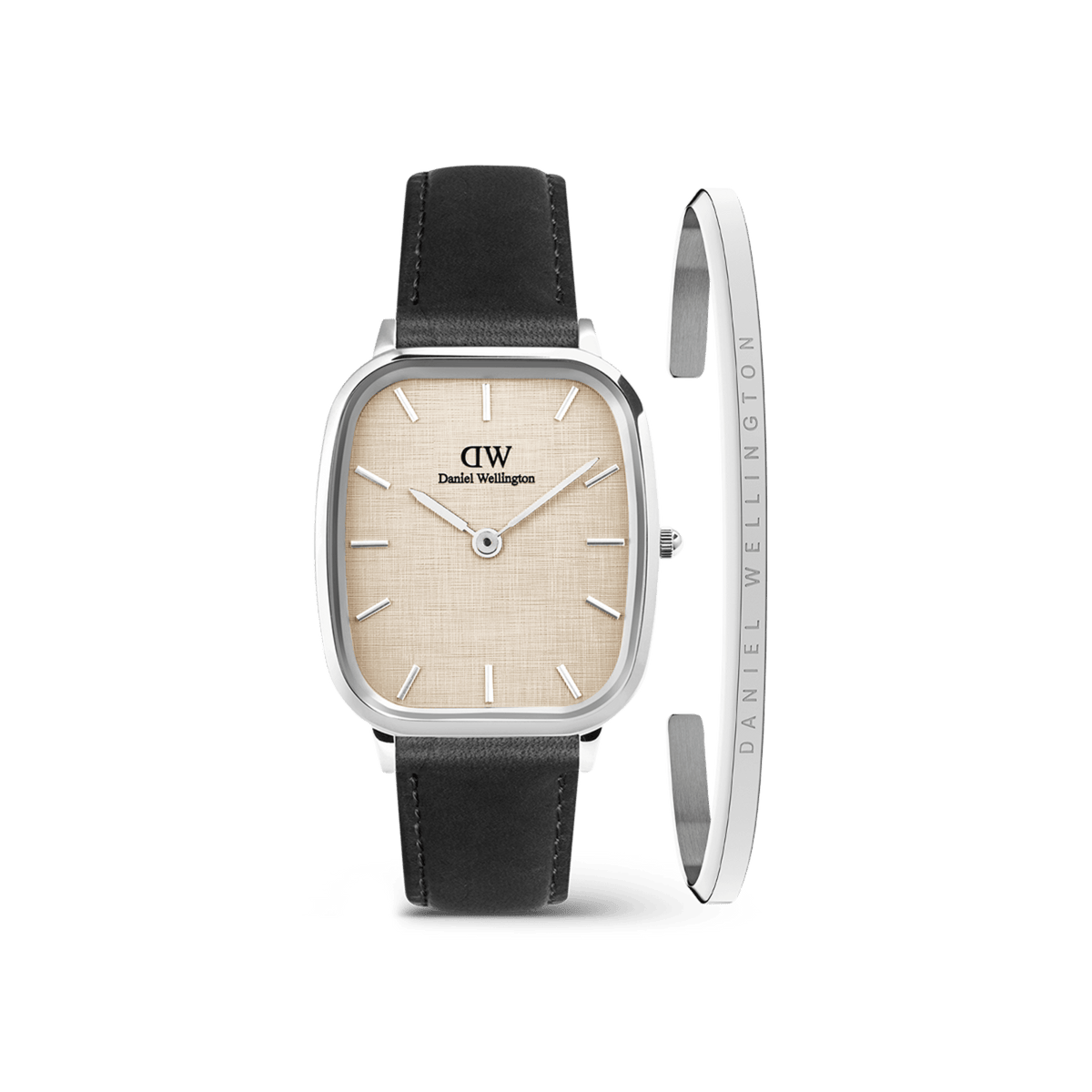 Square silver Daniel Wellington watch with a linen-textured beige dial and black leather strap, paired with a slim silver cuff bracelet engraved with the brand name. The set features minimalist styling and a refined, modern look.