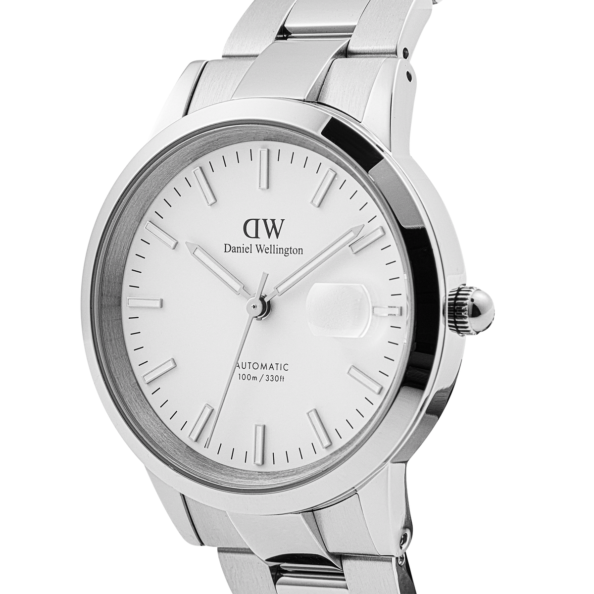 Close-up of the Daniel Wellington Iconic Link Automatic Silver watch showing its polished stainless steel case, white enamel dial, and magnified date window.