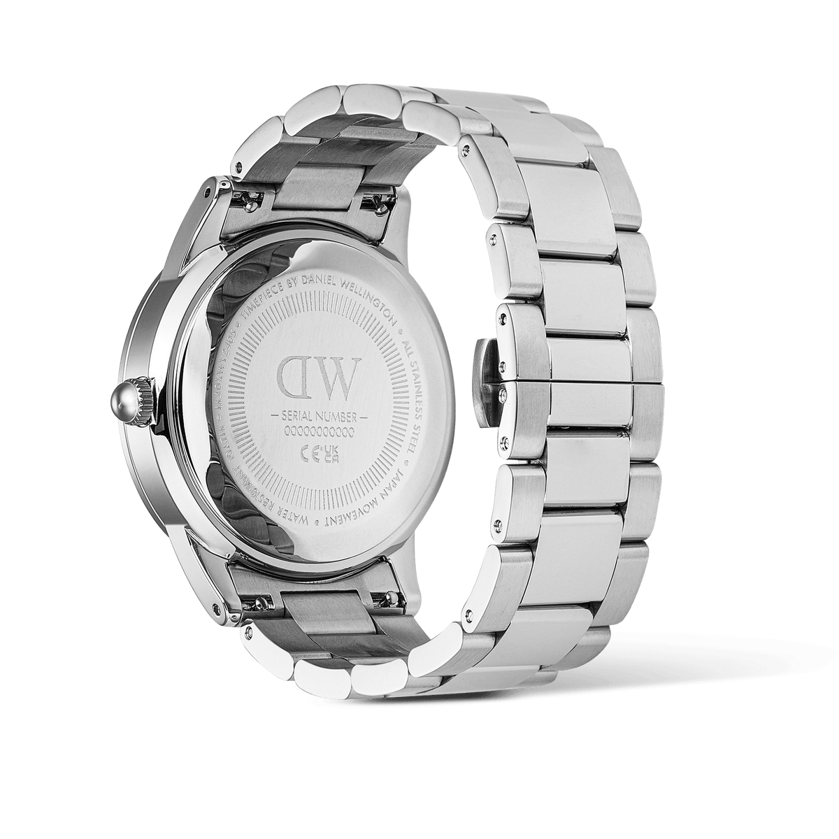 Rear view of the Iconic Paradigma Link Black Bezel men’s watch, showing the engraved stainless steel case back and the polished and brushed three-link bracelet.