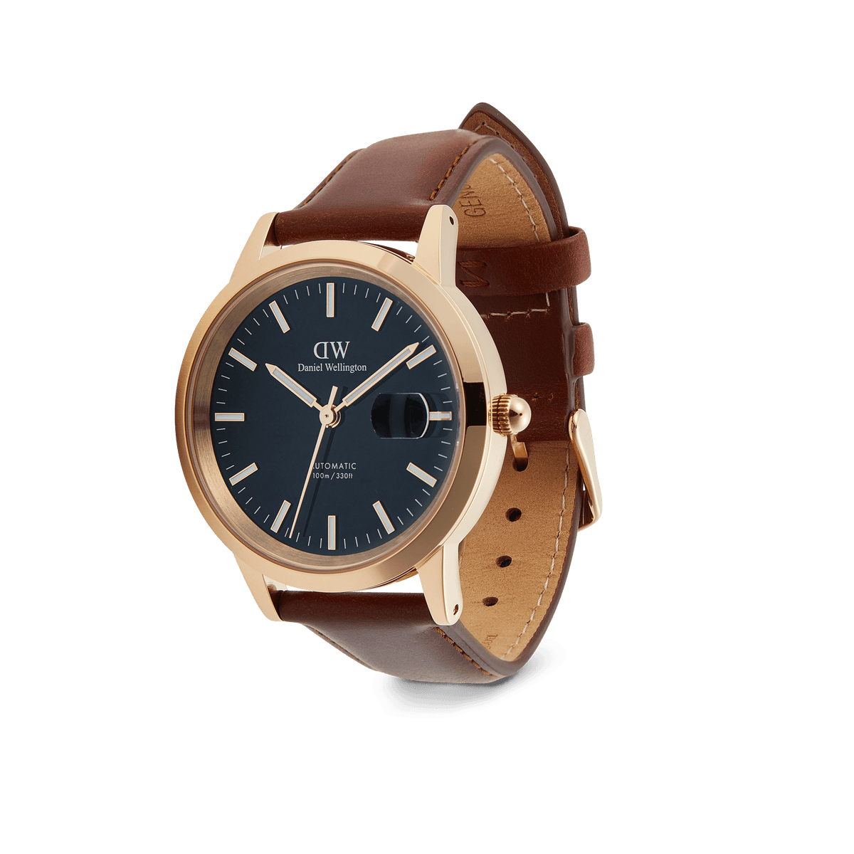 Daniel Wellington Iconic St Mawes Automatic Rose Gold watch with a deep blue enamel dial, rose gold 40mm case, magnified date window, and brown Italian leather strap.