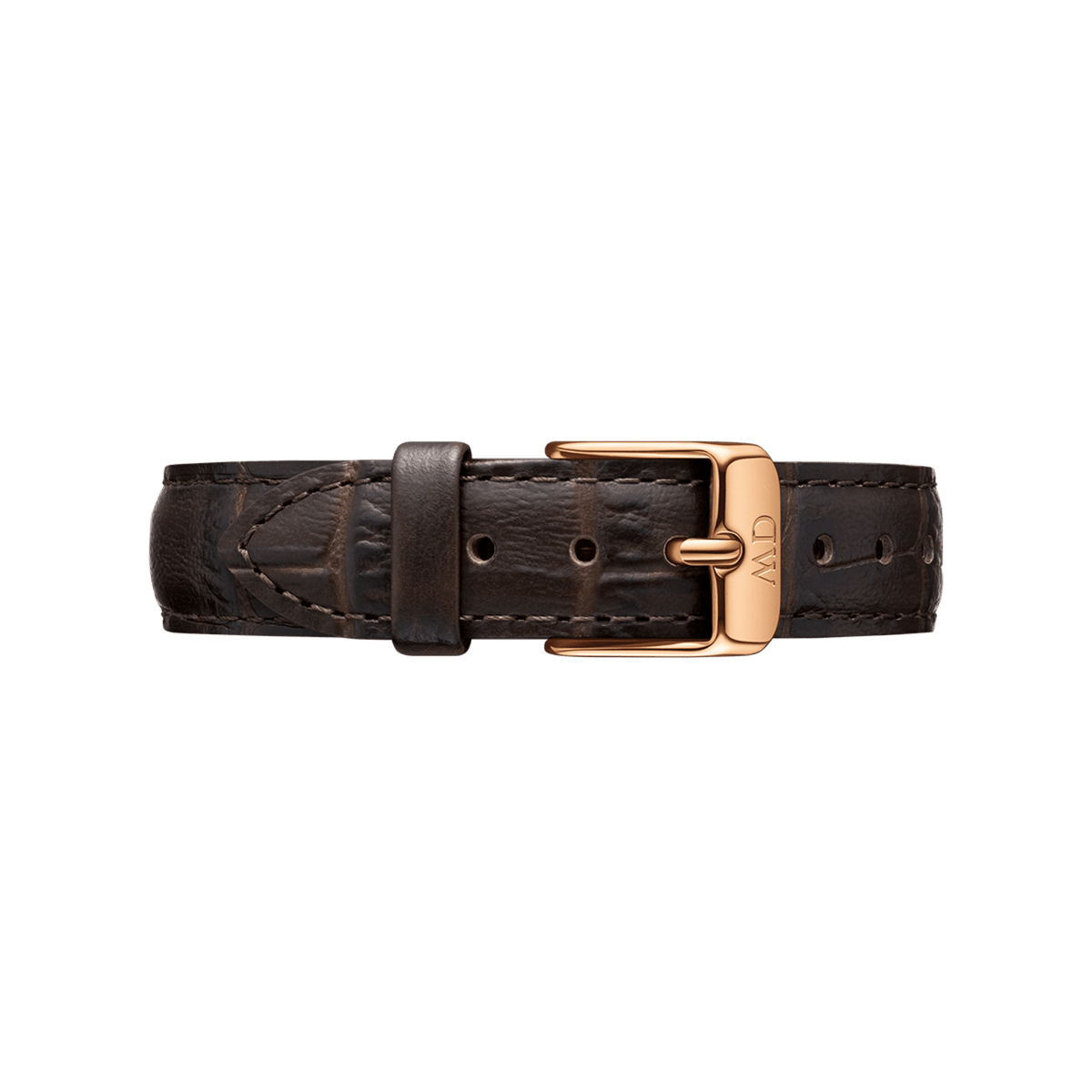 York Strap Rose Gold featuring deep brown croc-embossed genuine leather, finished with a rose gold buckle engraved with the Daniel Wellington logo and detailed stitching for a refined appearance.