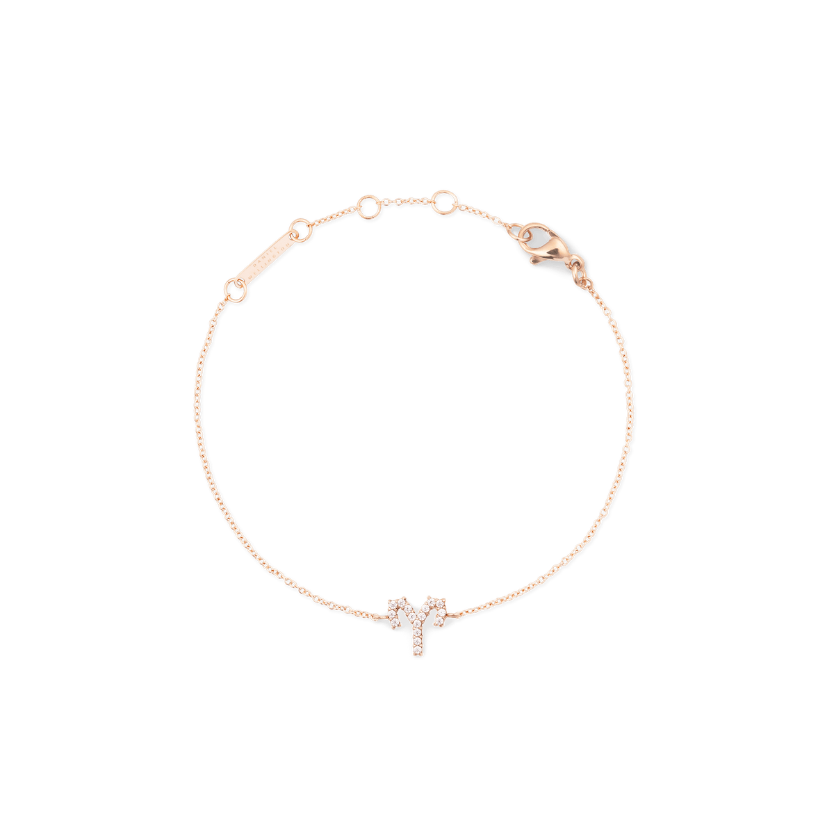 Rose gold chain bracelet with an Aries zodiac pendant embellished with sparkling crystals and an adjustable clasp.