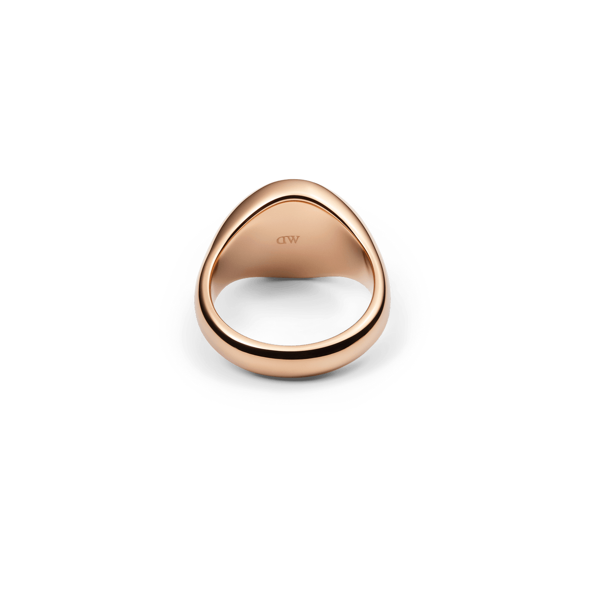 Classic rose gold signet ring with a smooth inner band and subtle DW engraving, crafted from stainless steel.