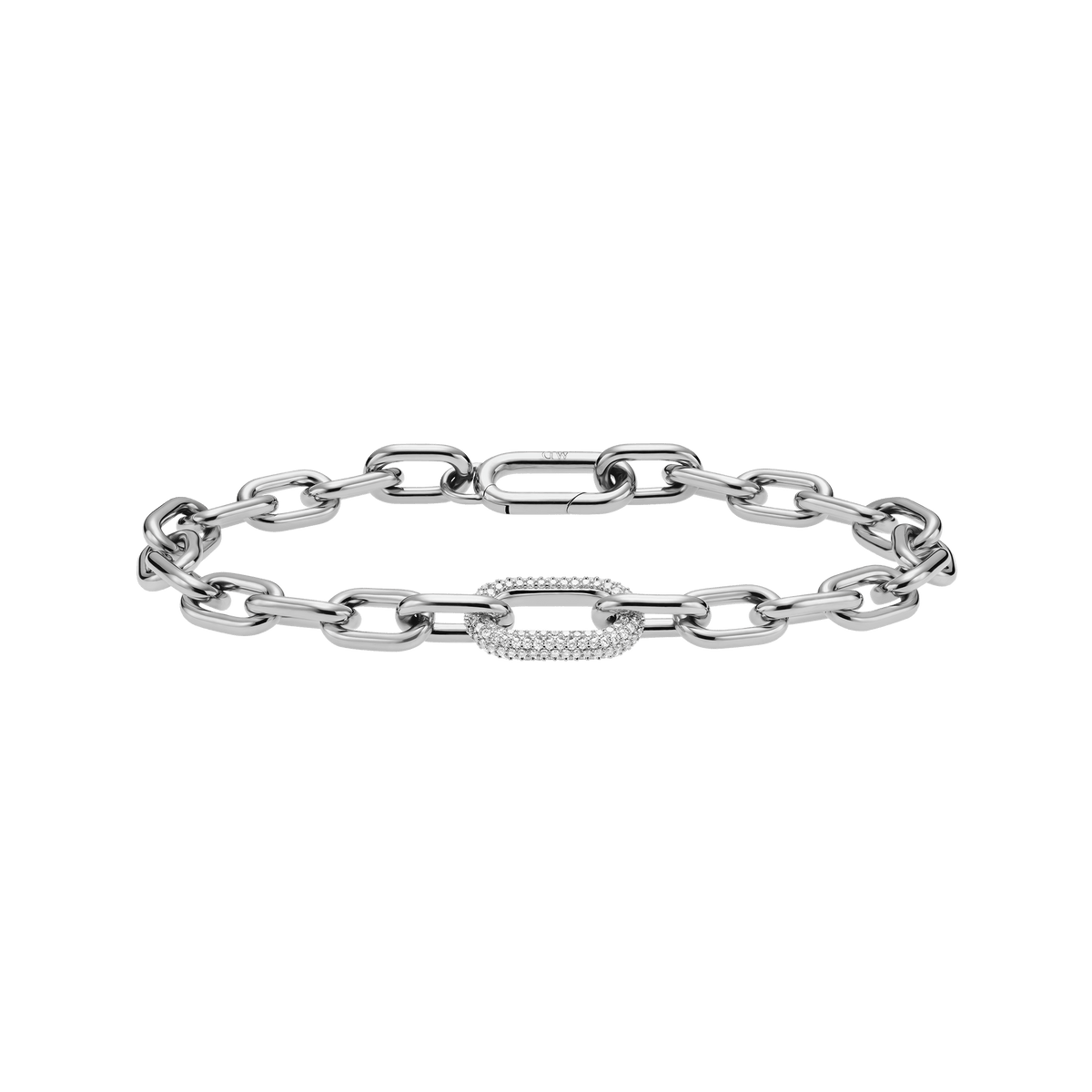 Chunky silver chain bracelet featuring a single crystal-embellished link with sparkling cubic zirconia, crafted from polished stainless steel for a modern, elegant look.