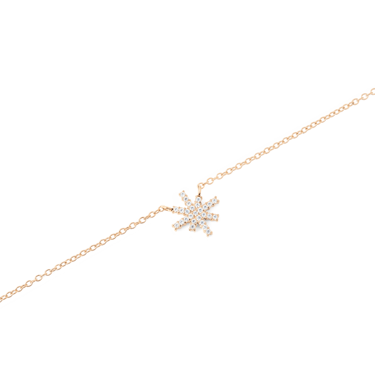 Close-up of the Mirelle Star Necklace Rose Gold, showing a fine rose gold chain with a star-shaped pendant set with sparkling white cubic zirconia crystals.