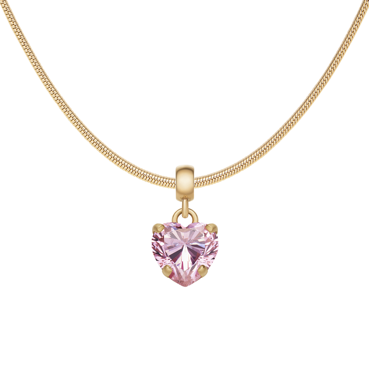 Heart Pink Crystal Charm G displayed on a gold-plated chain, featuring a heart-shaped pink cubic zirconia crystal in a claw setting with a rose gold finish, offering a romantic and elegant touch to any necklace.