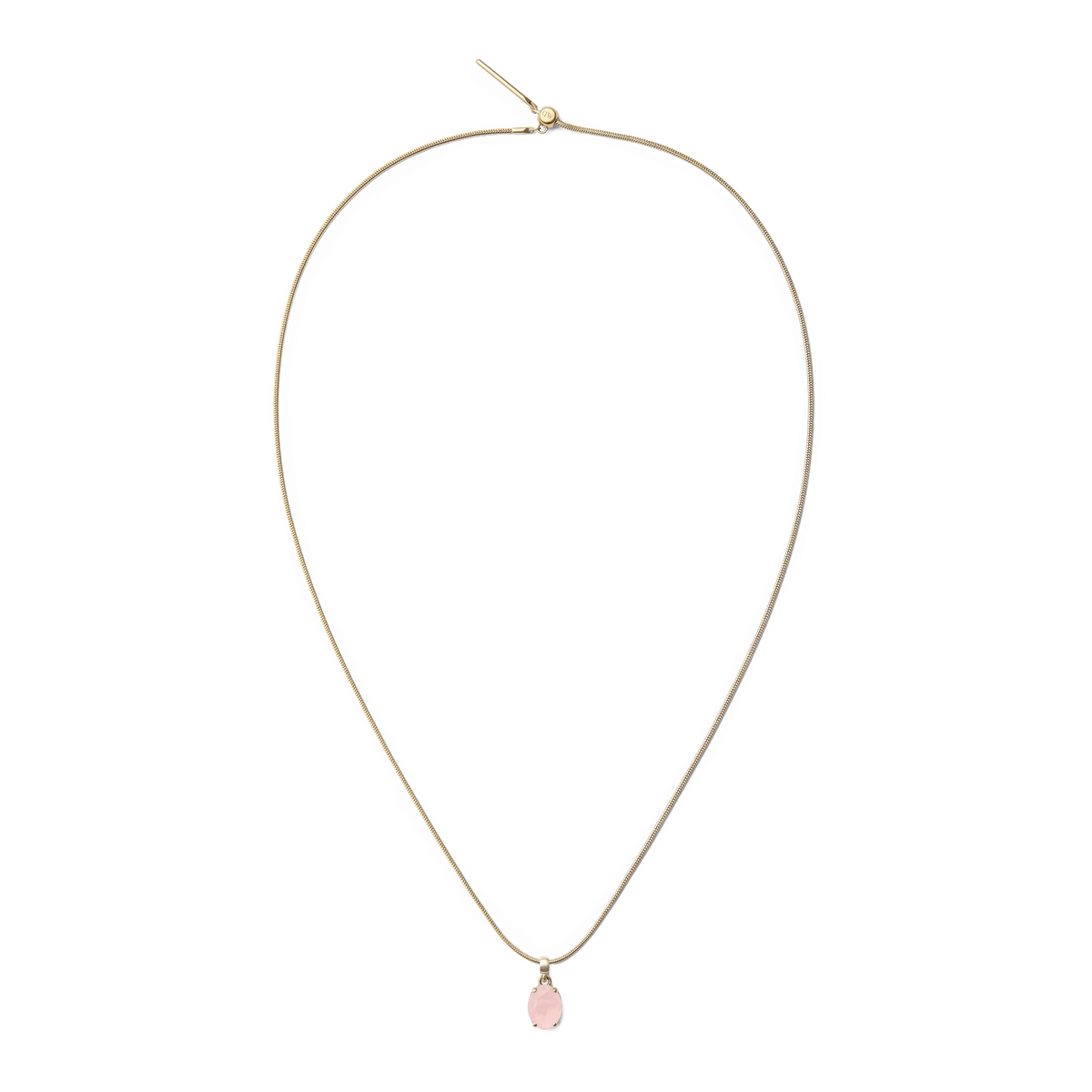 Delicate gold chain necklace featuring an oval rose quartz charm with a soft pink hue, set in a gold-plated frame for a refined and timeless finish.
