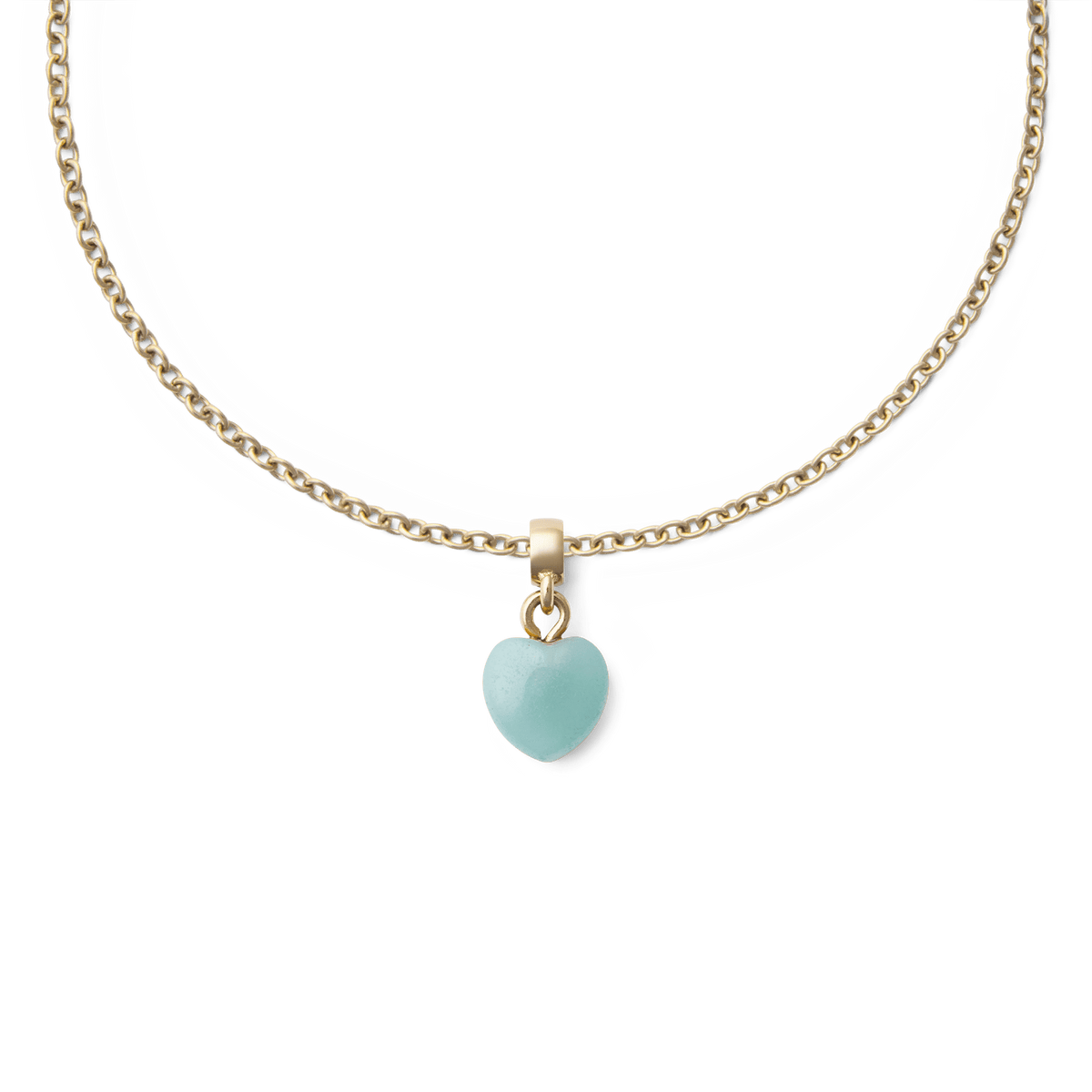 Gold chain necklace featuring a delicate heart-shaped amazonite charm in soft blue-green, set in a gold-toned mount for a refined, elegant look.