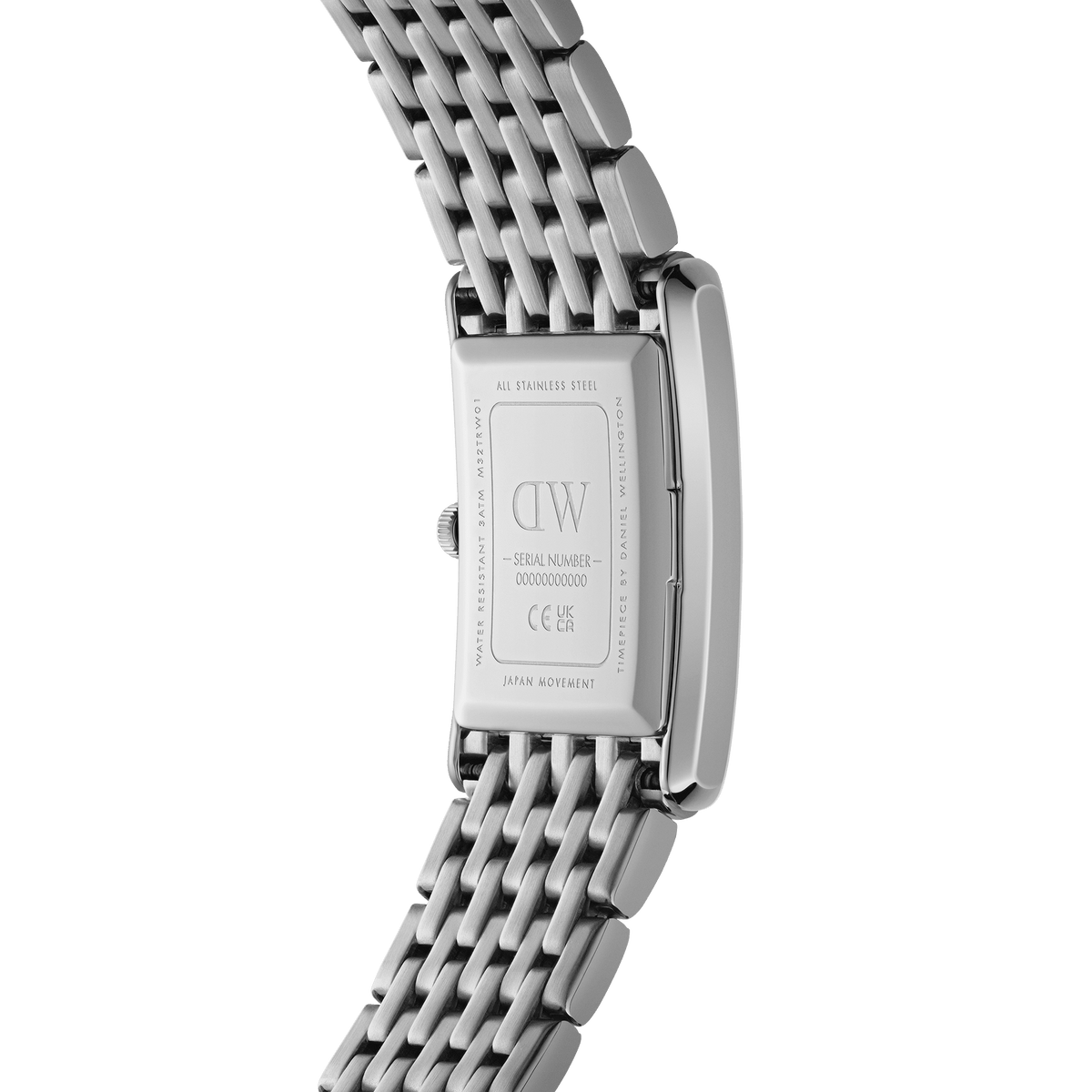 Back view of Bound 9-Link Silver women’s watch showing stainless steel case, engraved details and polished 9-link bracelet.