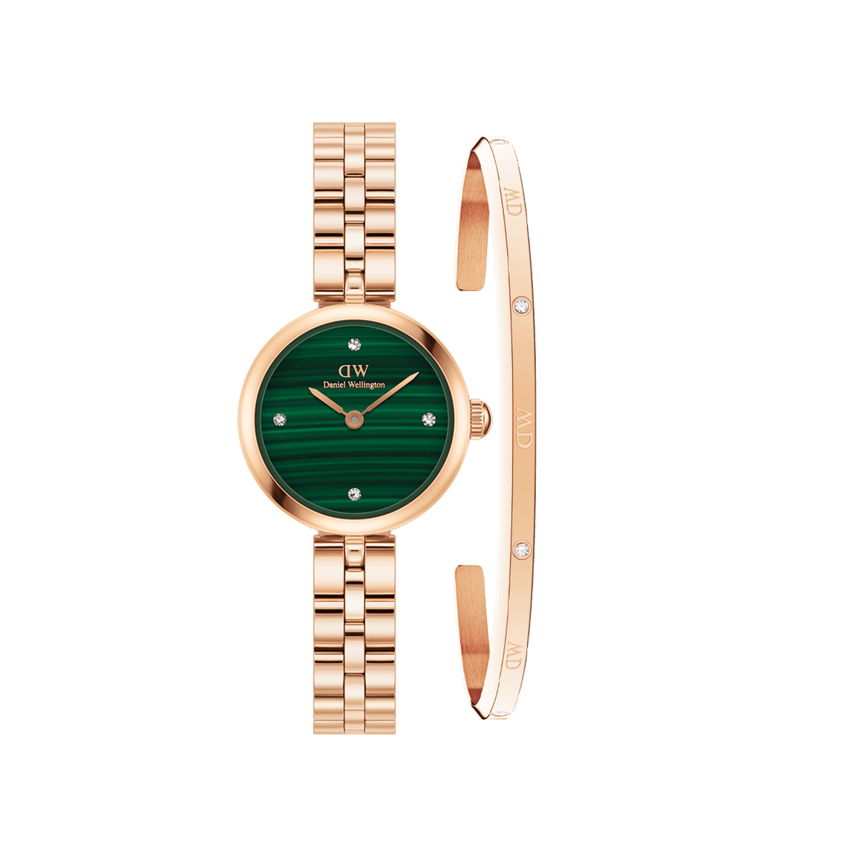 Rose gold Daniel Wellington watch with a green malachite dial and crystal hour markers, paired with a matching slim rose gold cuff bracelet featuring delicate crystal accents.