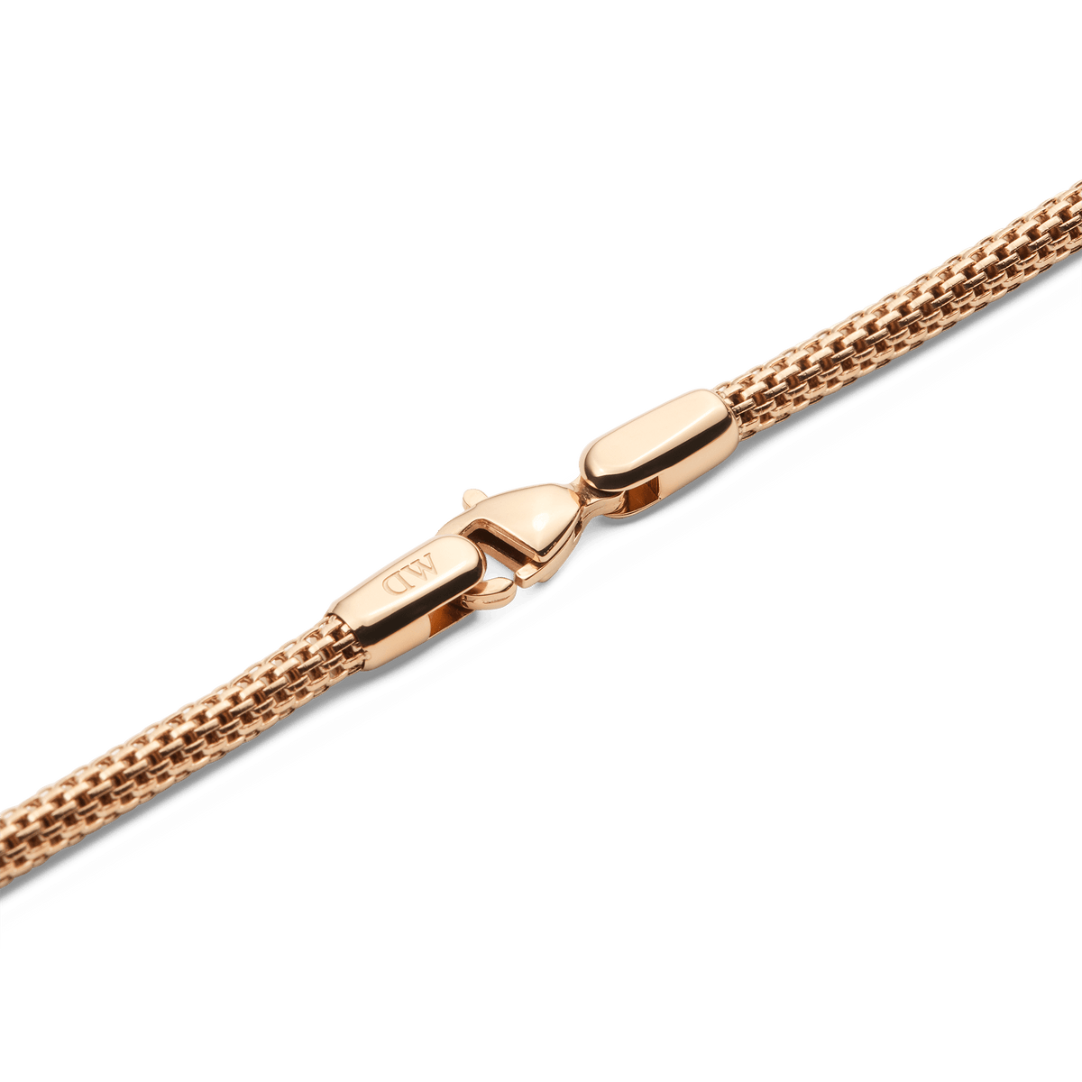 Detail of the Tide Mesh Necklace Rose Gold 2.8 showing the polished rose gold mesh chain and secure lobster clasp engraved with signature branding.