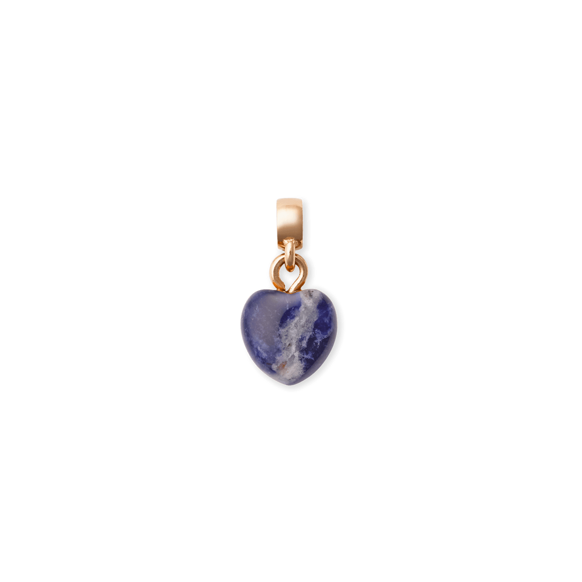 Heart-shaped rose gold charm featuring a polished blue spot stone with natural veining, attached to a sleek rose gold bail, ideal for bracelets or necklaces.