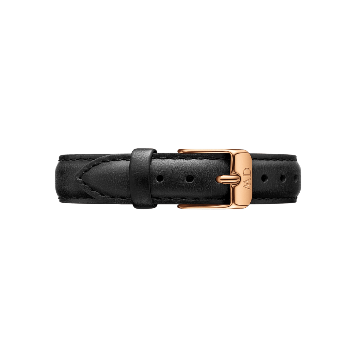 Premium black Italian leather watch strap with detailed stitching and a rose gold buckle engraved with the Daniel Wellington logo, designed for a refined and versatile look.