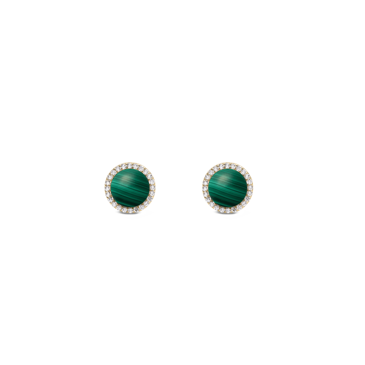 Pair of gold stud earrings featuring round green malachite stones with natural veining, each surrounded by a border of sparkling white cubic zirconia crystals. The compact, circular design highlights the rich green tones and elegant gold finish.