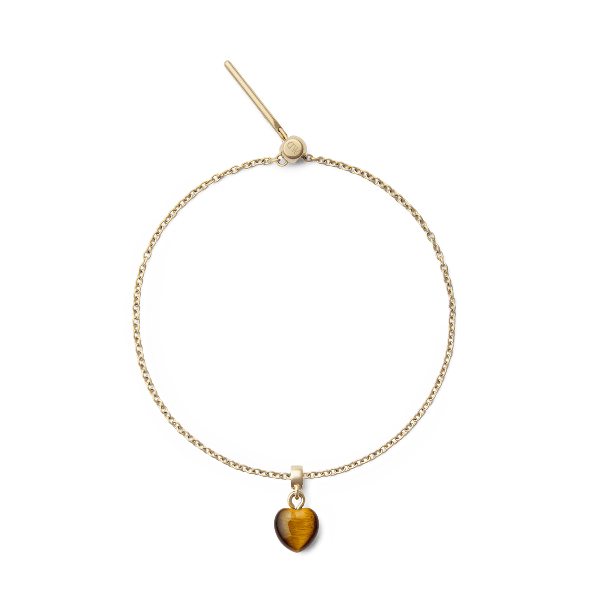 Tiger eye Heart Gold Charm on a delicate gold chain bracelet, featuring a polished heart-shaped tiger eye stone with natural golden-brown hues and a gold PVD-plated stainless steel clasp.
