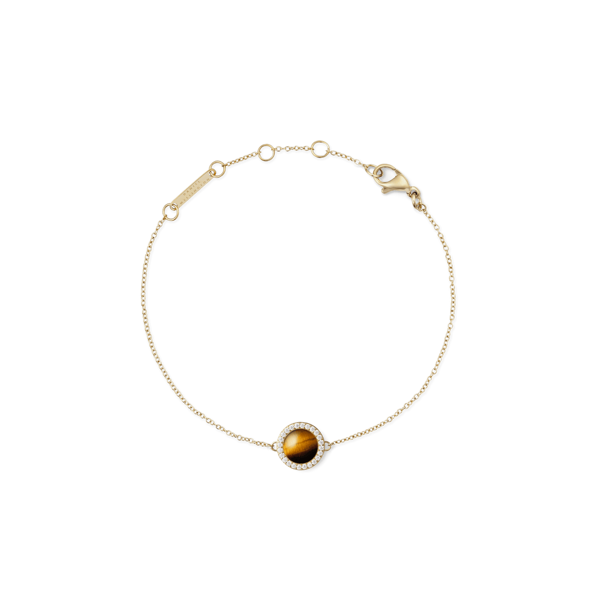 Gold Audrey bracelet with Tiger Eye stone centrepiece, cubic zirconia halo, and adjustable fine chain by Daniel Wellington.