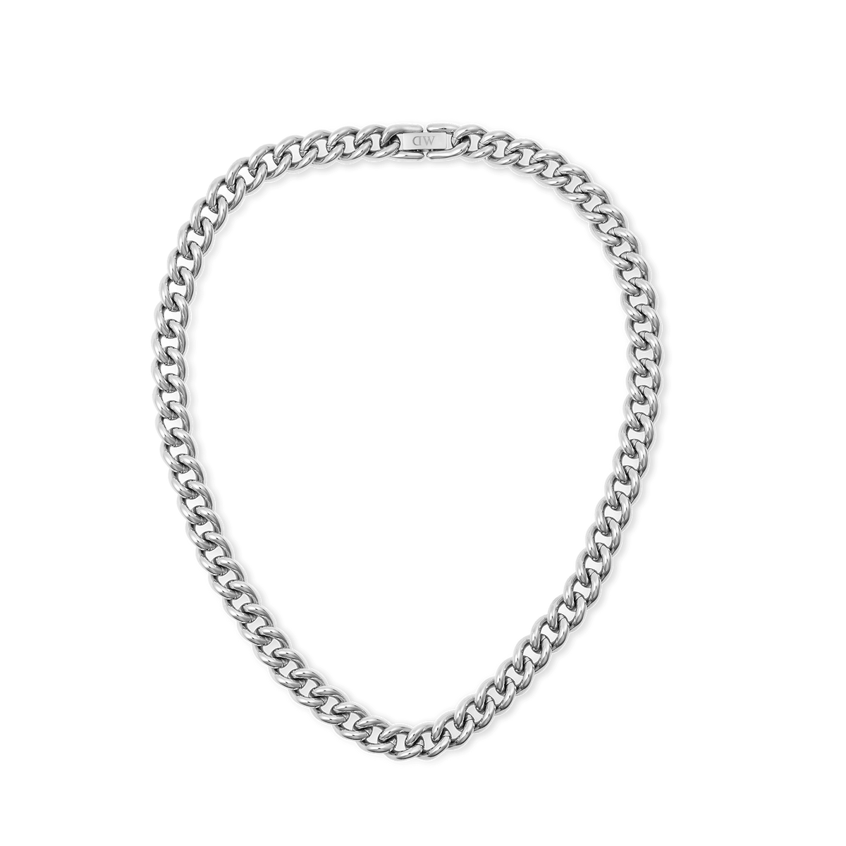 Chunky silver chain necklace featuring rounded polished links and a secure fold-over clasp, crafted from stainless steel for a modern, elegant look.