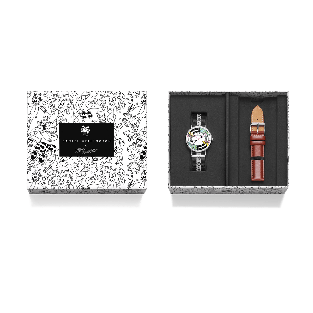 Steven Harrington x Daniel Wellington gift set featuring a multicolour printed dial watch with black and white NATO strap, an additional brown leather strap, and a decorative illustrated presentation box.