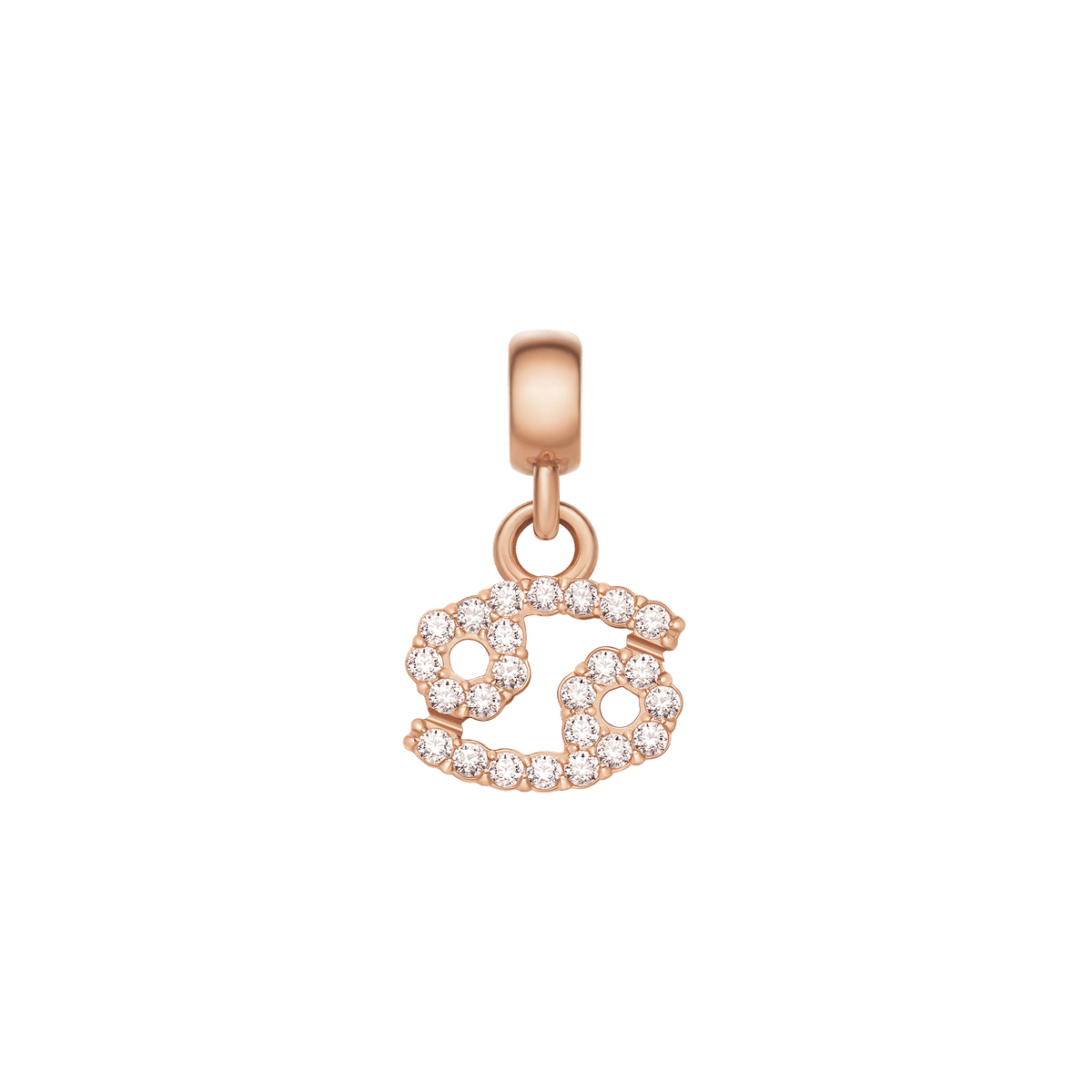 Cancer zodiac charm in rose gold stainless steel, detailed with sparkling cubic zirconia crystals in a petite, elegant design.