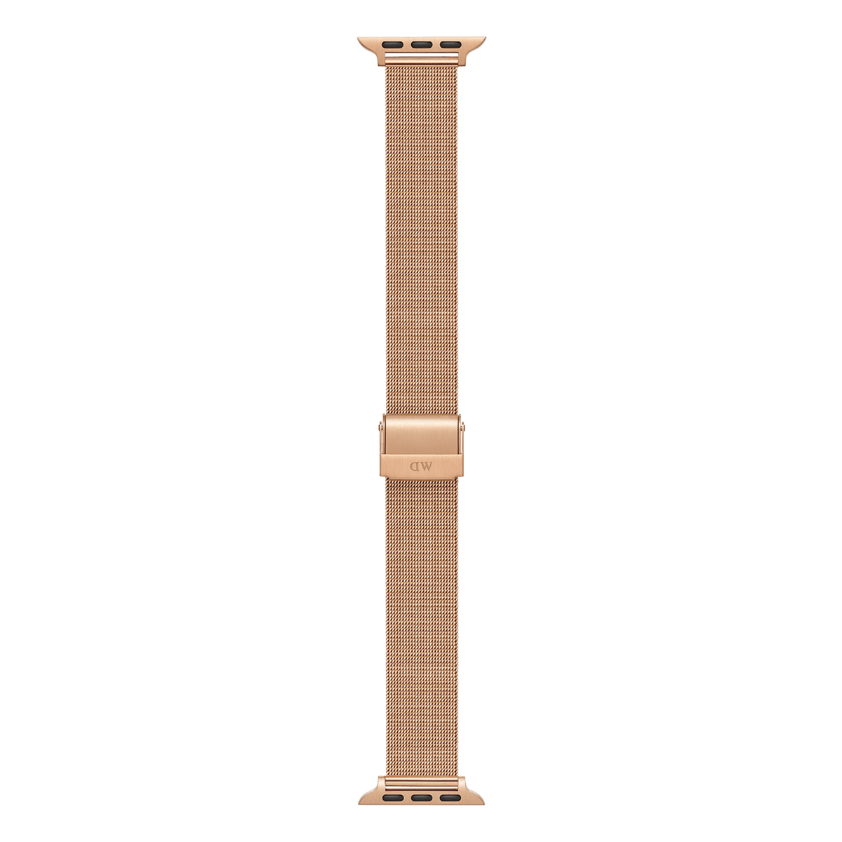 Rose gold mesh smartwatch strap with a brushed stainless steel DW clasp, designed for Apple Watch with a slim, adjustable fit.