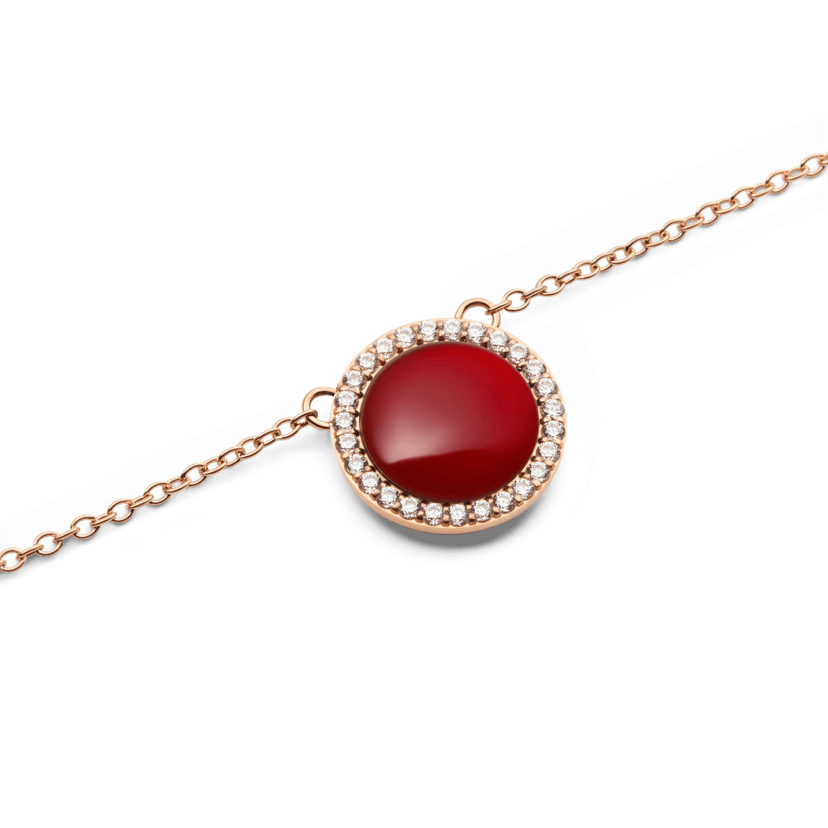 Close-up of Audrey Necklace pendant featuring a domed red agate stone with a halo of white cubic zirconia in rose gold.