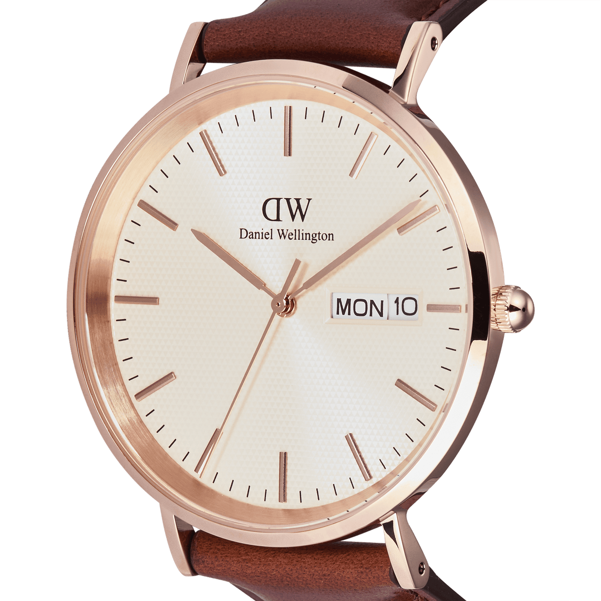 Close-up of the Classic Day Display St Mawes Rose Gold Champagne watch, highlighting the champagne dial with subtle triangle pattern, rose gold case, minimalist hour markers, and day-date window.