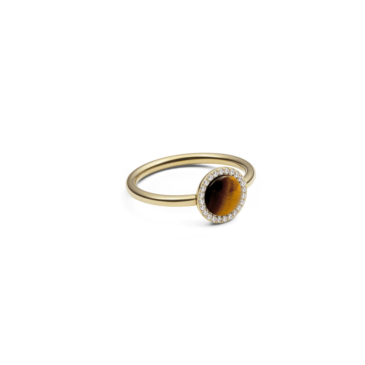 Audrey Ring Tiger Eye Gold featuring a domed tiger eye stone, haloed by white crystals on a slim gold band.