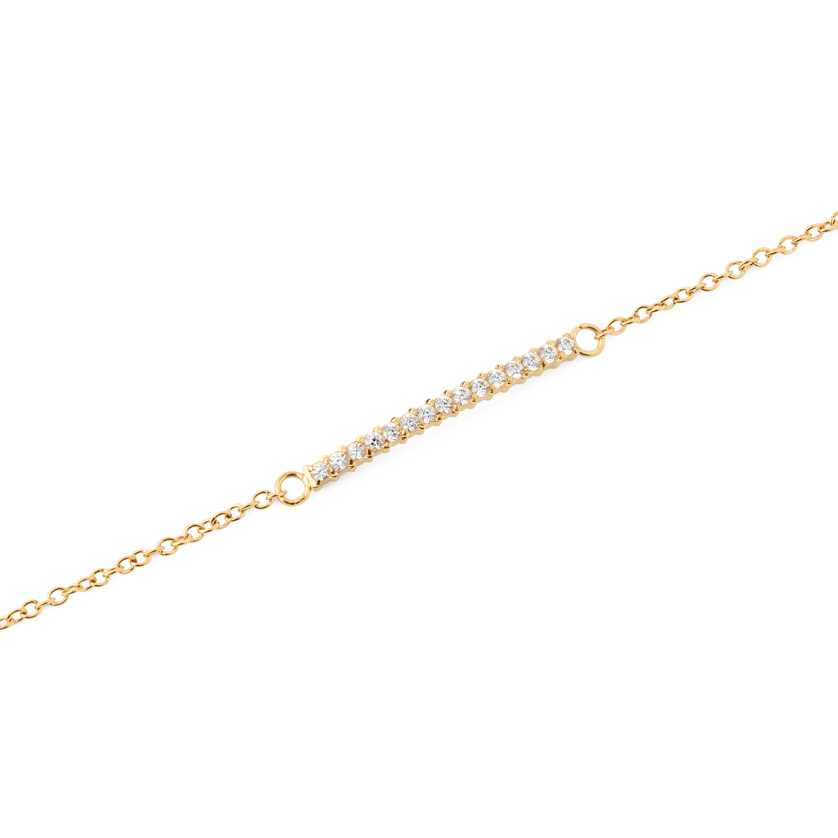 Close-up of the Mirelle Eternity Bracelet Gold, highlighting its slim gold chain and a delicate bar set with sparkling white cubic zirconia crystals.