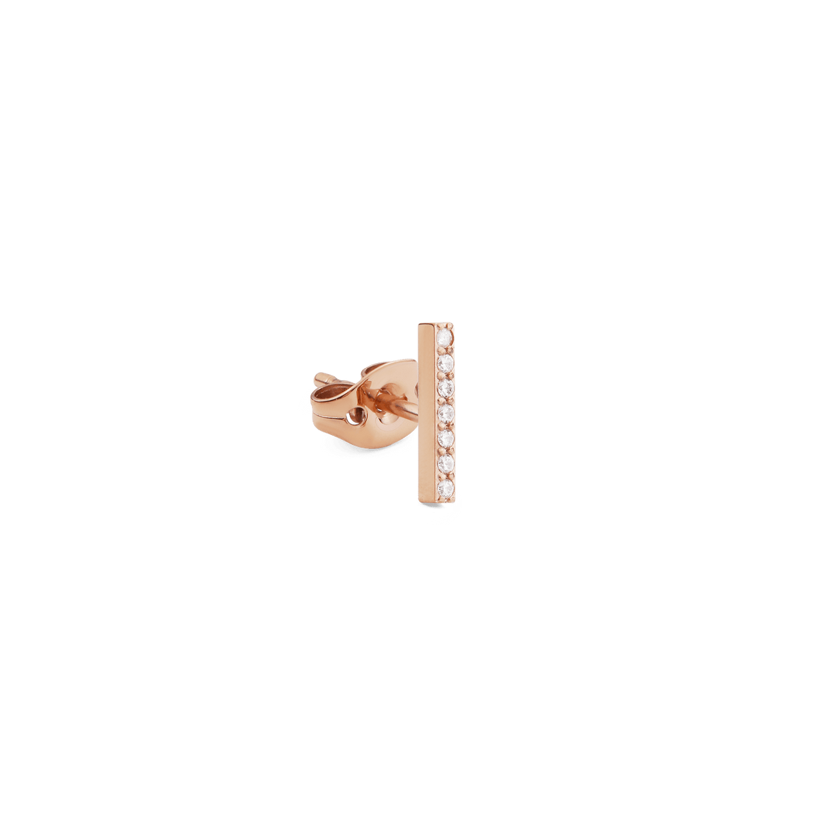Crystal Bar Stud Rose Gold earring featuring a slim rose gold bar set with seven sparkling cubic zirconia stones and a secure butterfly back.