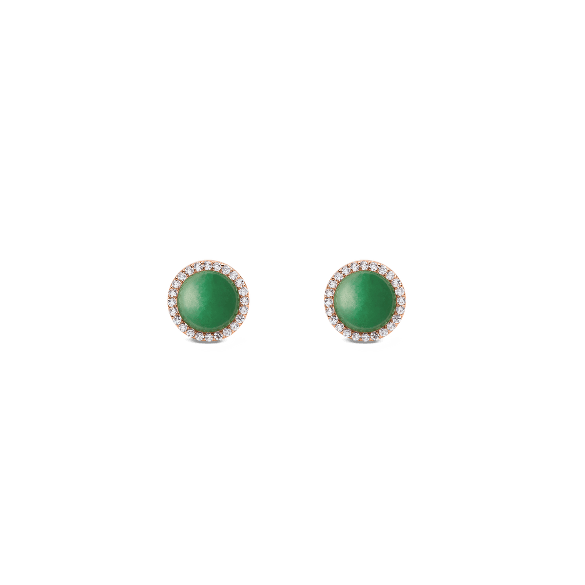 Rose gold stud earrings with round green jade centre, encircled by sparkling cubic zirconia, elegant and timeless design.