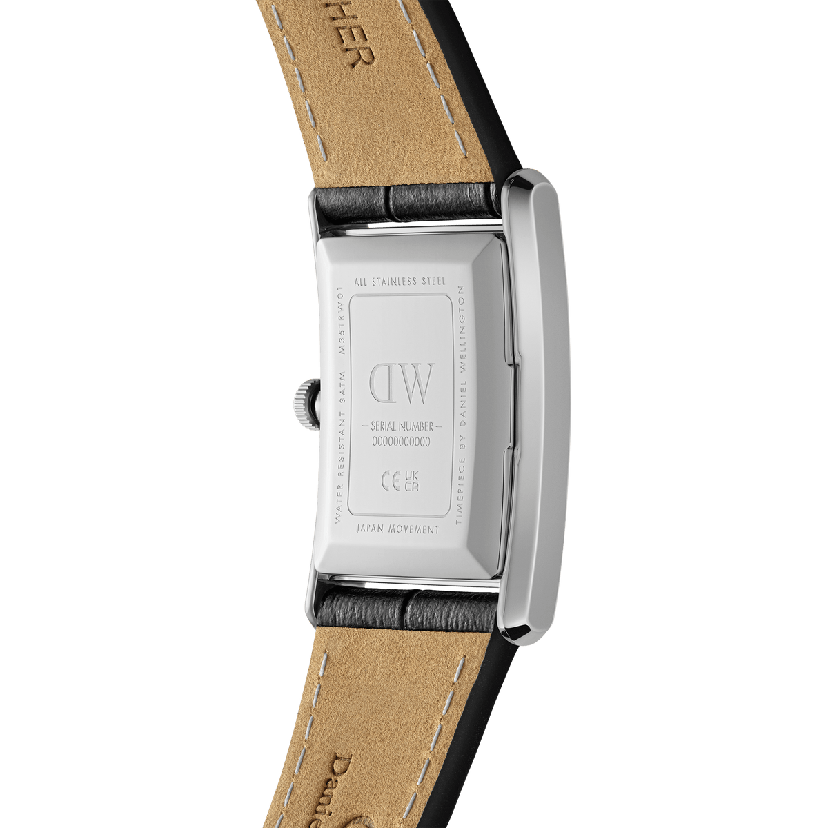 Back view of Bound Black Crocodile Silver watch showing stainless steel case, engraved details and black leather strap.