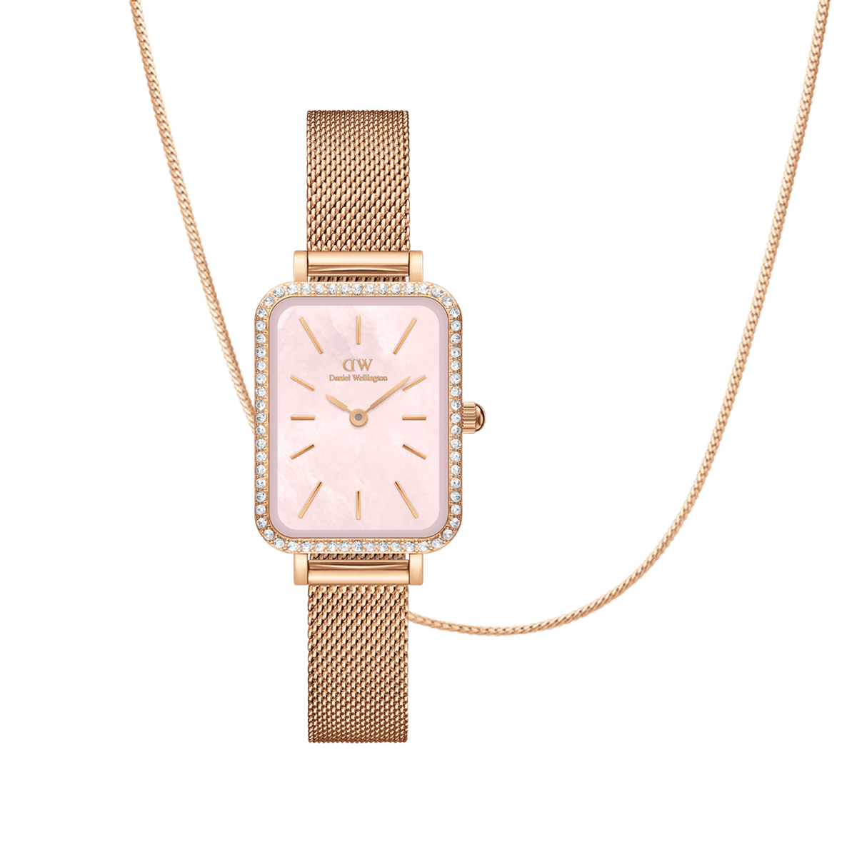 Rectangular rose gold watch with a pink mother of pearl dial and sparkling bezel, paired with a matching flat chain necklace, both featuring a refined and elegant design.