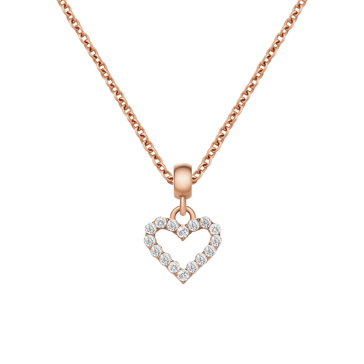 Rose gold necklace featuring an open heart contour pendant adorned with white crystals, offering a refined and elegant accent for everyday wear.